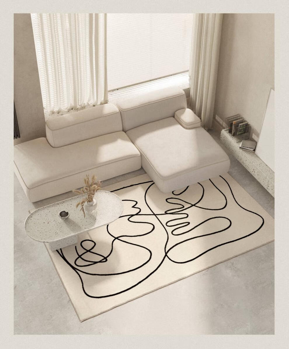 悠画现代简约白色客厅地毯卧室北欧床边毯极简风线条家用奶油风吹拂