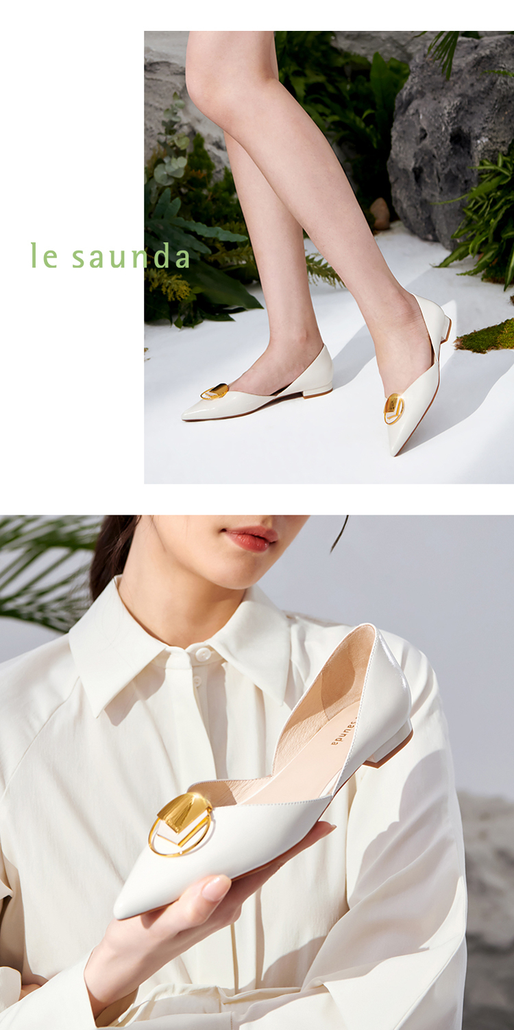 莱尔斯丹2022春夏新款饰扣尖头浅口中空平底女中空单鞋3m20701 浅蓝