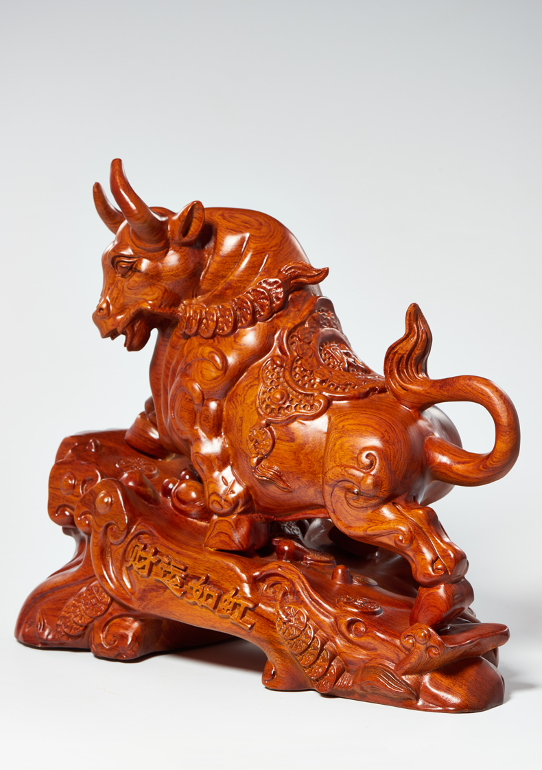 花梨木雕牛摆件实木牛气冲天生肖牛家居客厅办公室装饰红木工艺品米囹