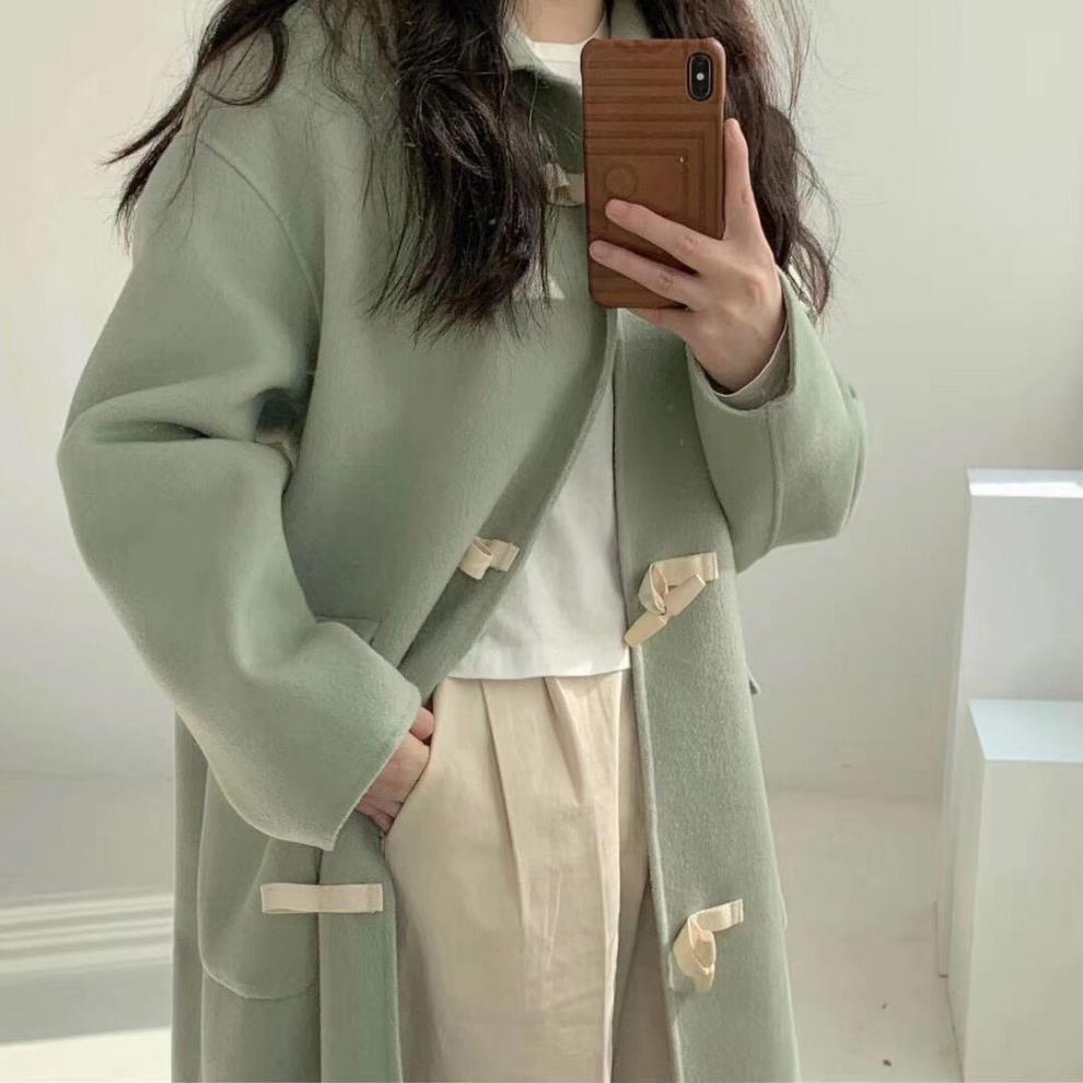 毛呢大衣女抹茶绿毛呢外套呢子大衣女中长款2021年秋冬新款宽松小个子