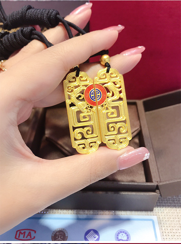 龙凤对牌古法金吊坠实心夫妻情侣项链一对999足金挂坠女高档黄金情人