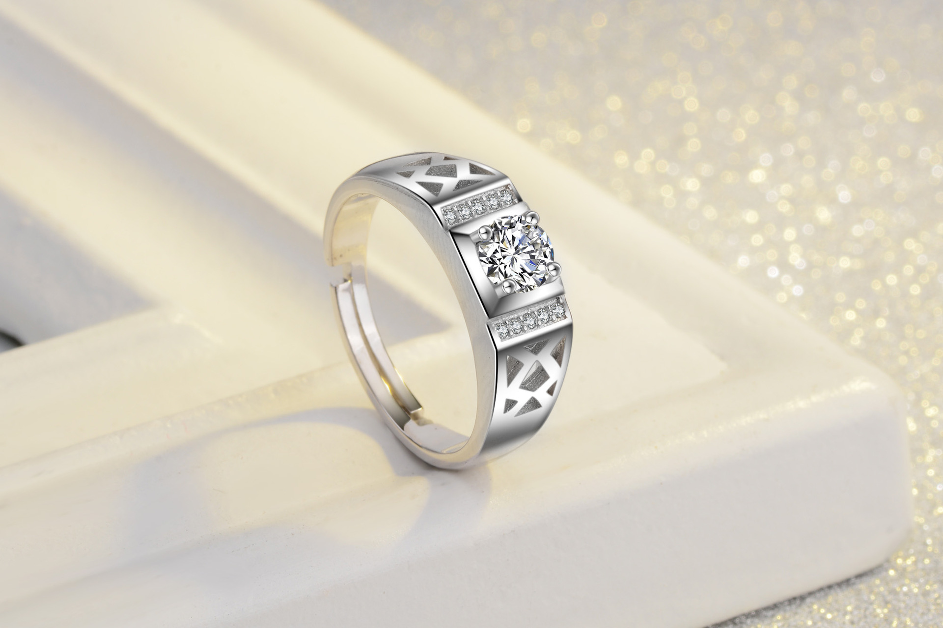 兮小狸 纯银925男士戒指钻戒开活口婚戒金色韩版情侣对戒指 mjz024 活