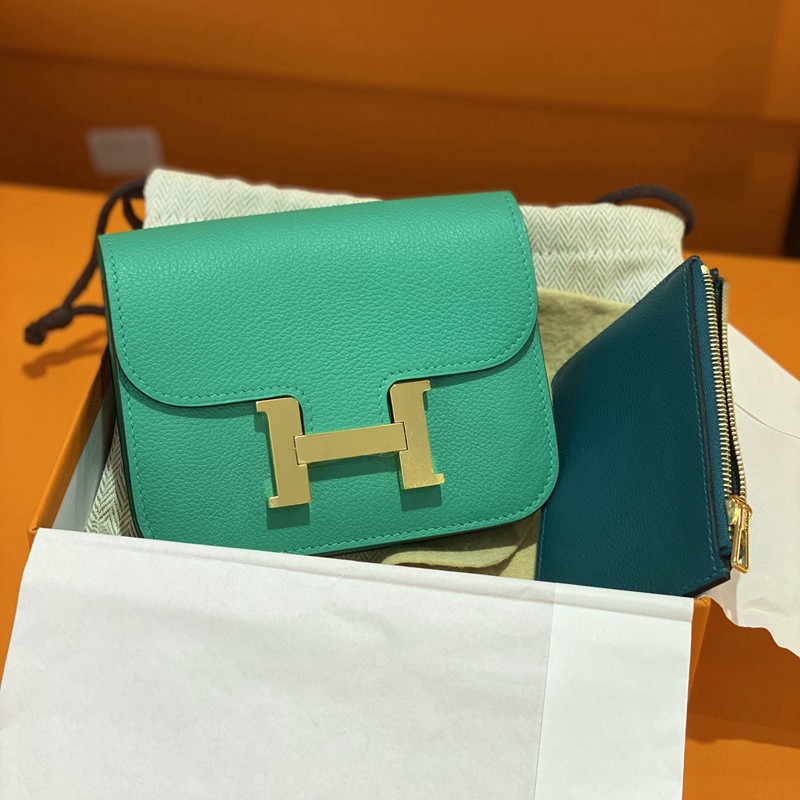 【二手99新】未使用 爱马仕(hermes)constance康康slim钱包 薄荷绿金