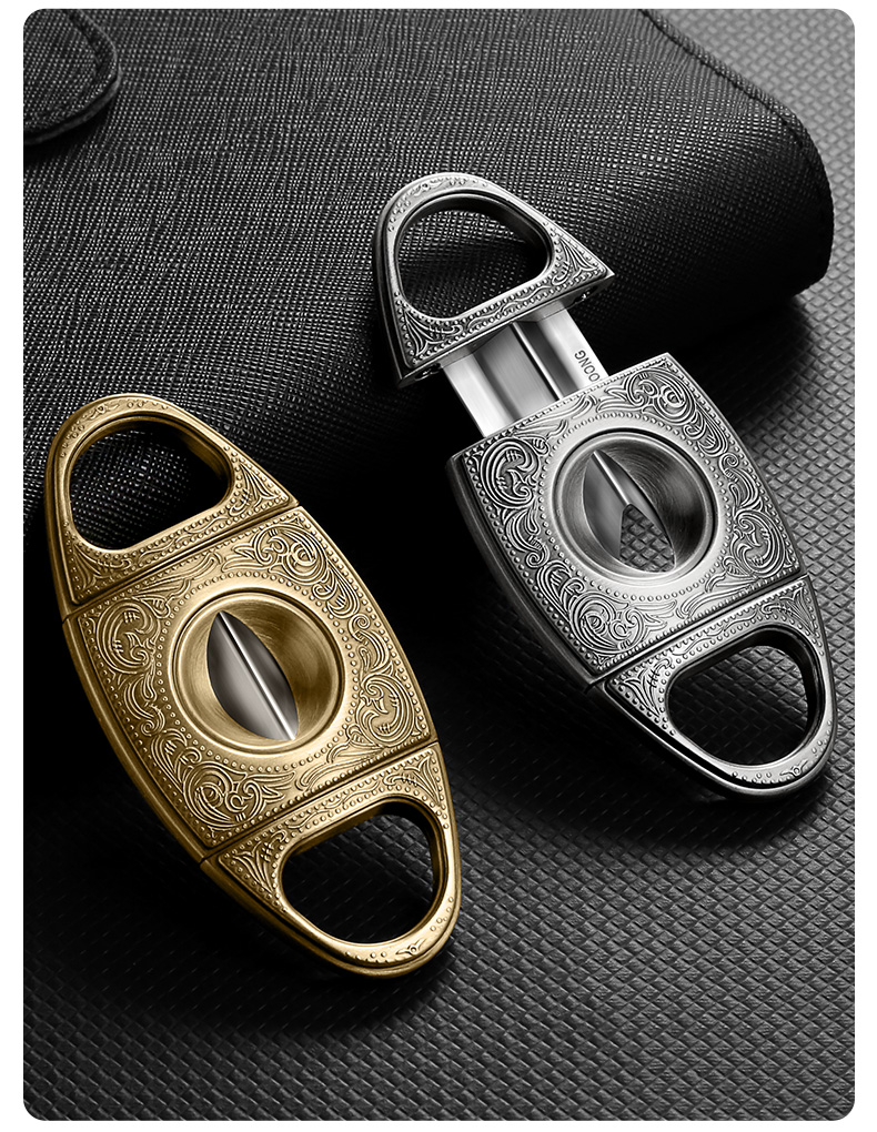 茄龙cigarloong雪茄剪便携式双刃不绣钢精美雕花雪茄钳v型锋利雪茄开