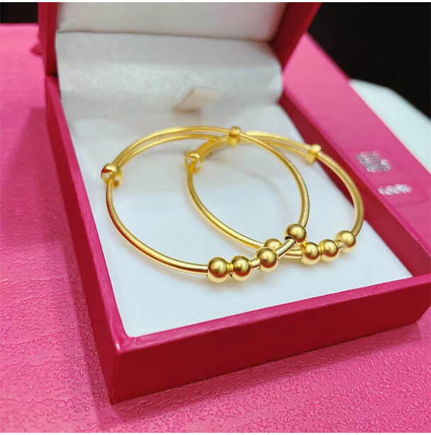 妙灵阁 宝宝古法金手镯推拉款一对黄金镯子婴儿满月礼物男孩999足金