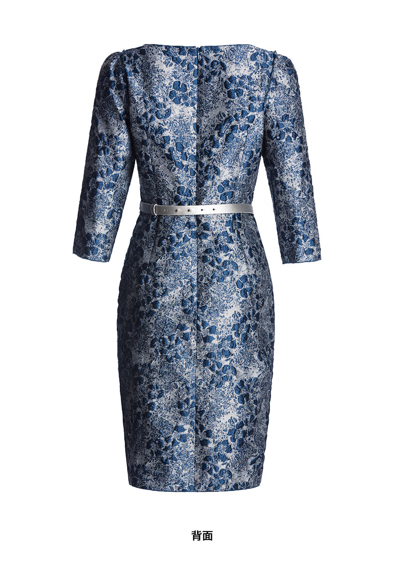 2021春高档蕾丝提花修身包臀名媛气质礼服裙商务工作正装连衣裙宝石蓝