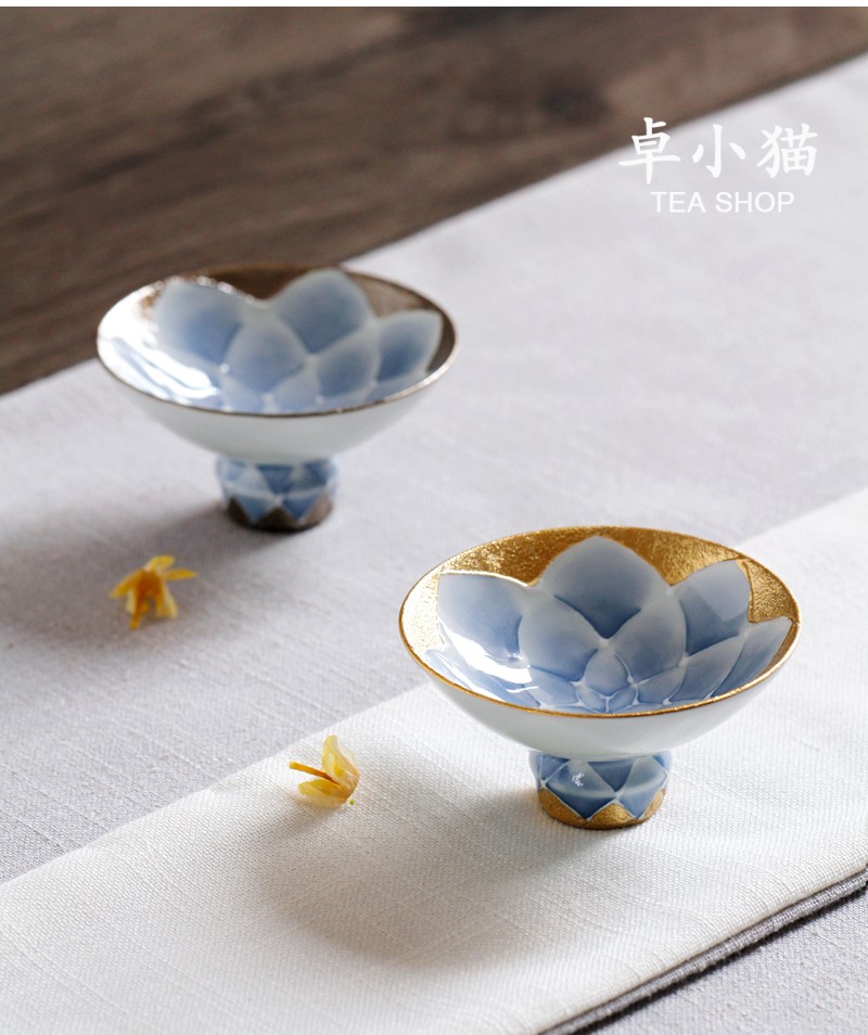 北野工坊手工茶杯手绘金色彩釉莲花杯日式清酒杯功夫主人茶盏 莲花杯