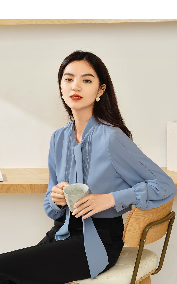 伊芙丽飘带领衬衫设计感小众早春新款雪纺衫秋上衣雪纺衬衣薄款女海蓝