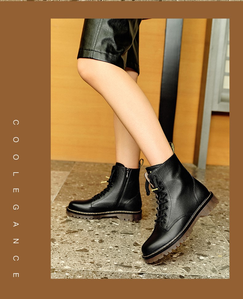 百丽马丁靴女牛皮革复古机车厚底英伦风靴子bhf60dz1车缝线方跟英伦