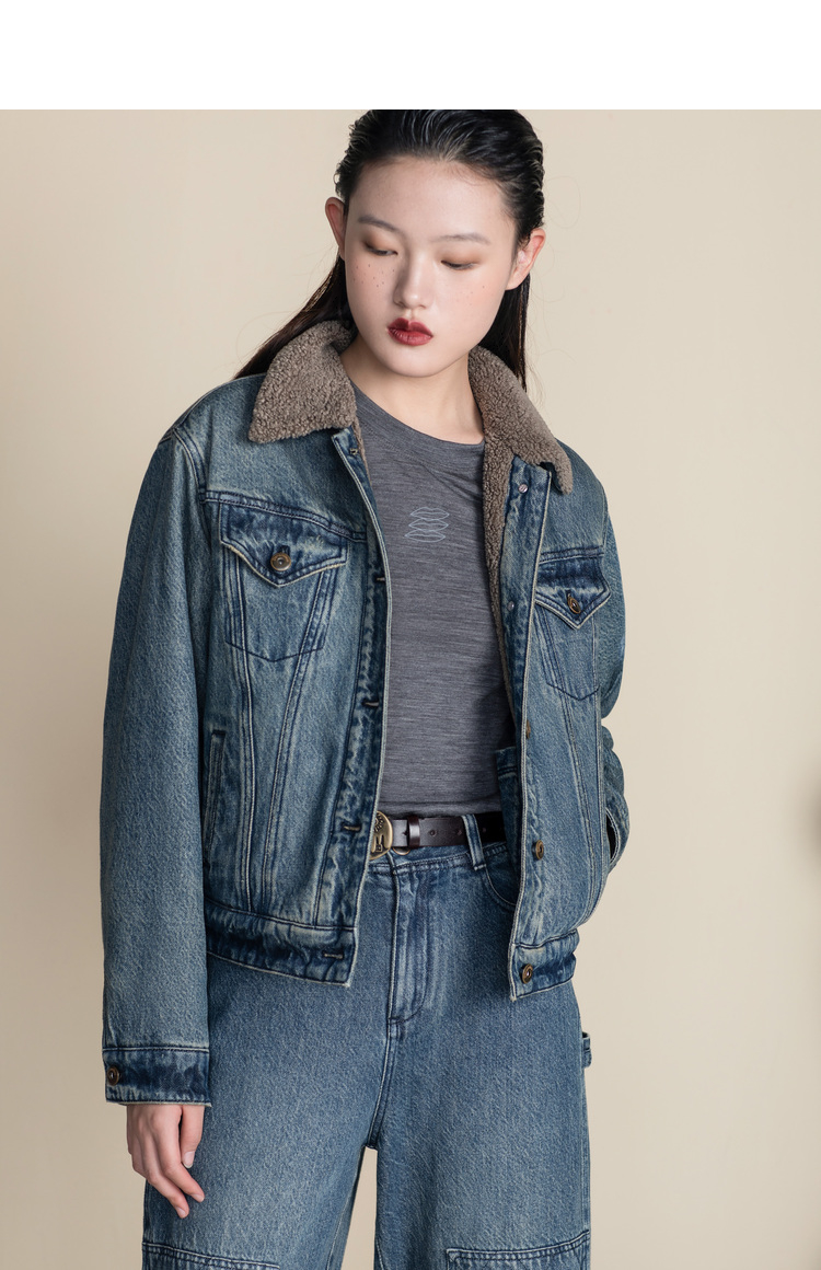 达衣岩复古牛仔外套保暖上衣2021冬季新款时尚绣花设计感外套依旧蓝xs