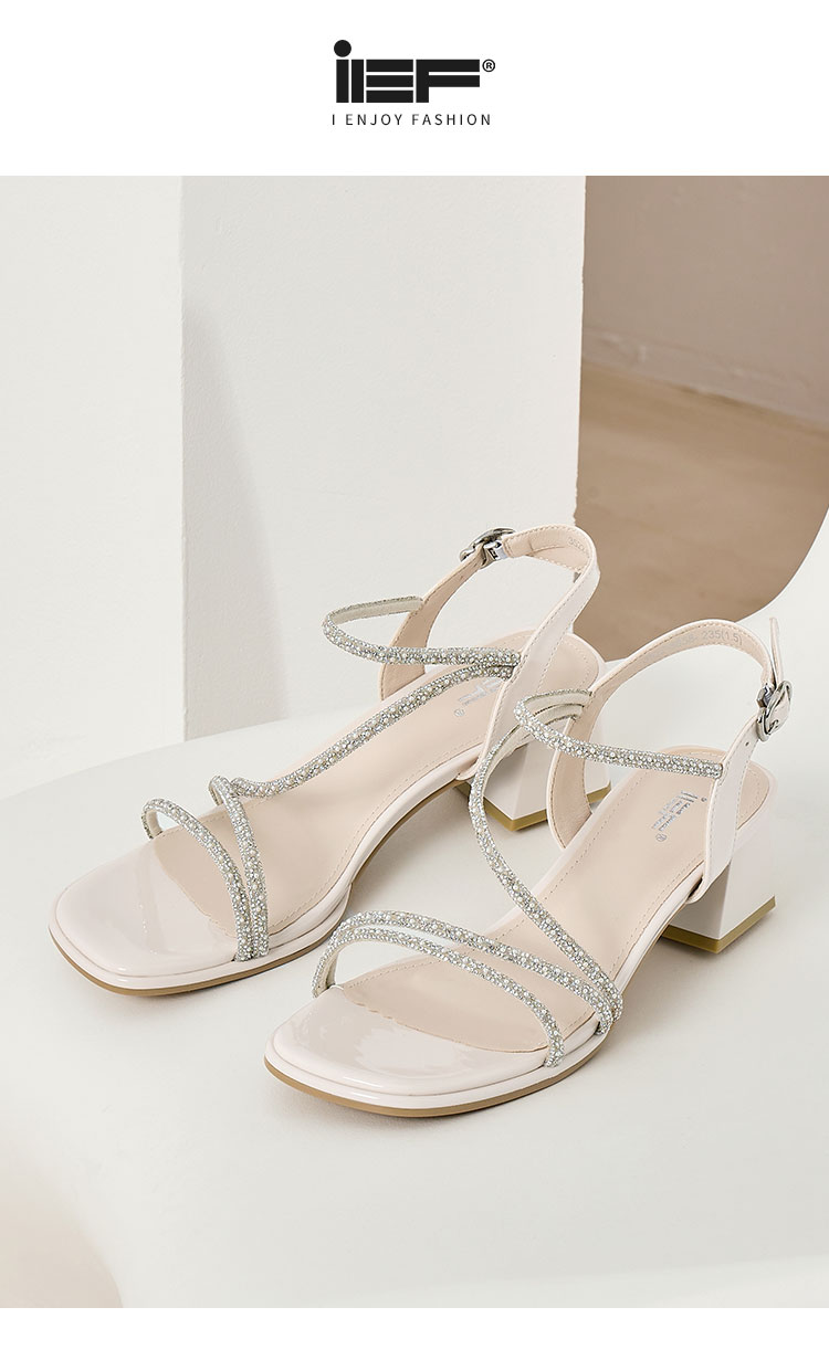 ief/爱依服2022夏季新款潮中跟水钻一字带方头仙女风百搭粗跟凉鞋3522