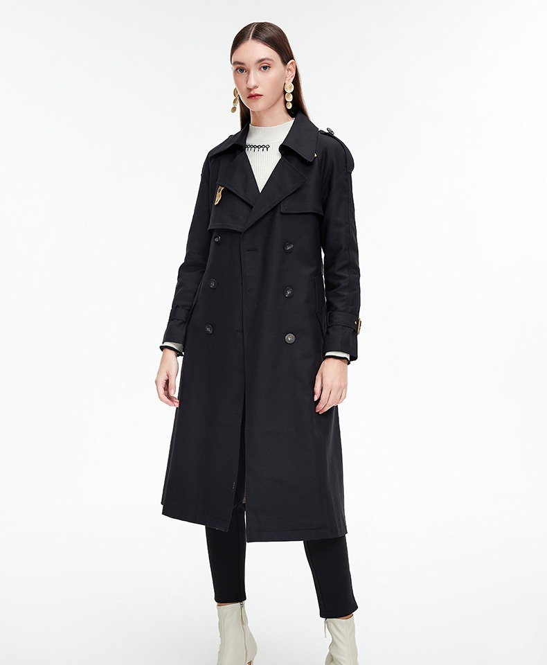 敦奴dunnu2021秋新款翻领双排扣腰带可调节长款风衣女正黑色s