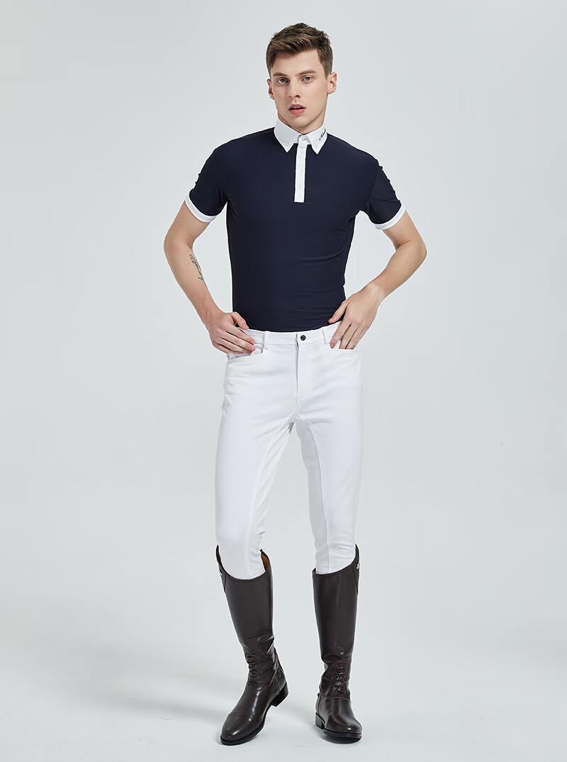 马术男款短袖夏季薄款速干骑马训练比赛服防晒polo衫t恤骑士服藏青色