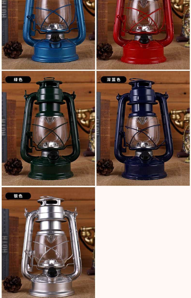 手提复古马灯普通电池煤油灯led调光营地灯应急灯帐篷灯铁艺摆件20cm
