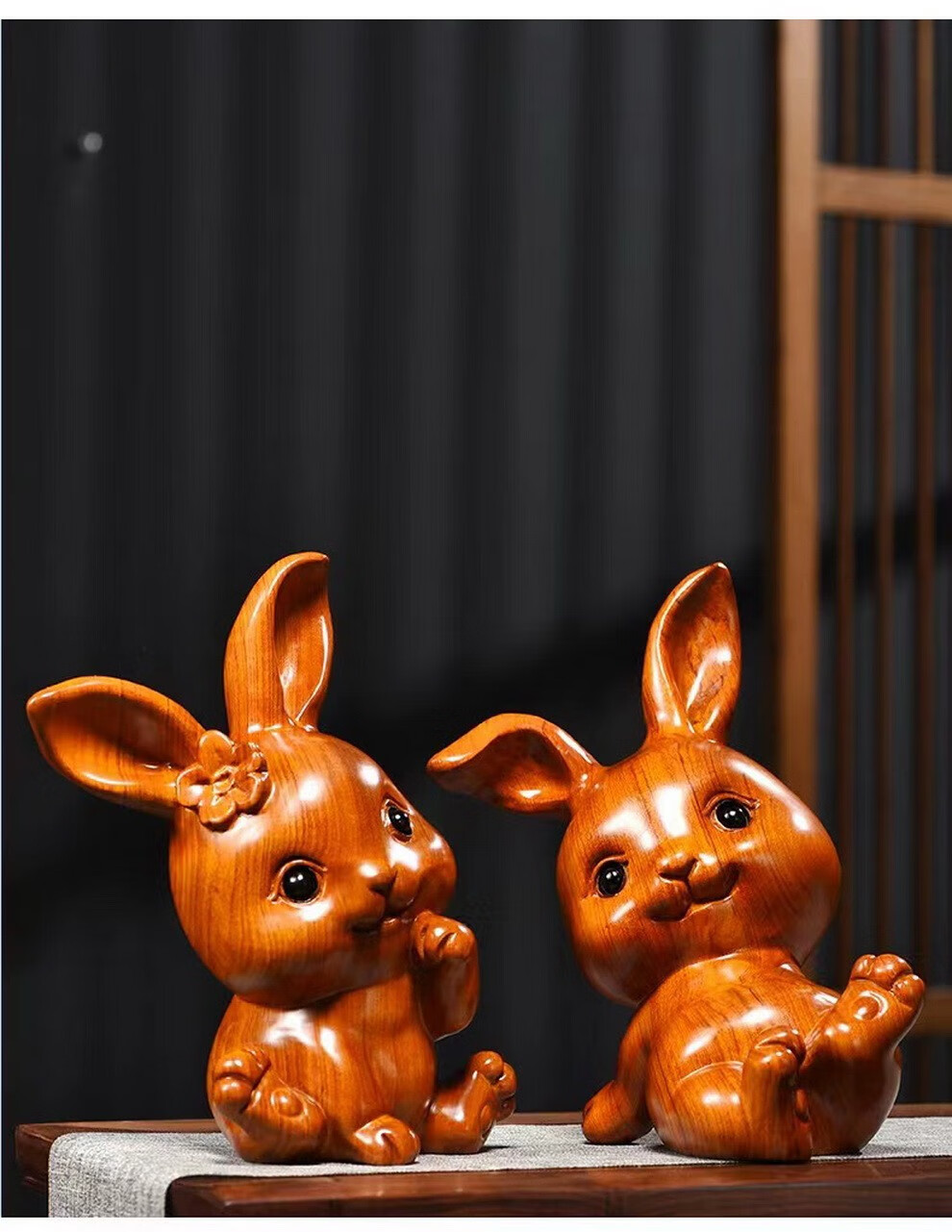 天从实木雕刻兔摆件纯木一对可爱小兔子工艺品木制生肖兔女生日礼物