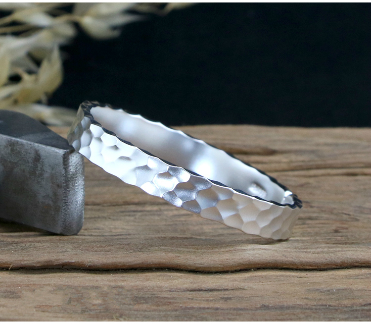 秋桑999银手工定制银镯子锤纹银手镯雪花银男士女士足银情侣手环定做