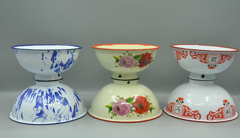 洋瓷碗 老式搪瓷盆加厚老式搪瓷碗高脚饭碗洋瓷碗复古摔不烂民工铁碗