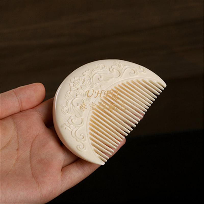 uhfq猛犸象牙梳子纯手工雕刻牡丹满纹冰料女士摆件家居饰品规格90x48x
