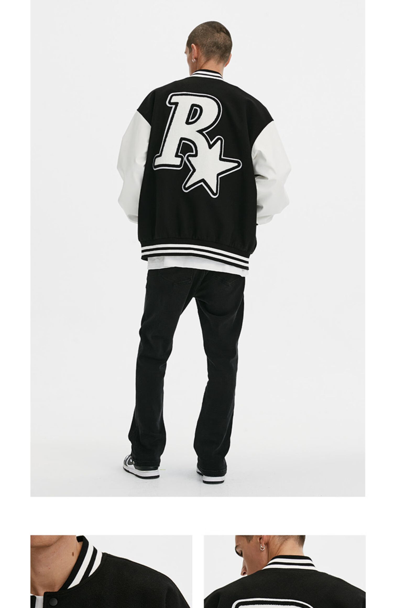 sta复古刺绣星星棒球服夹克美式高街宽松休闲秋季情侣外套男 黑色 s