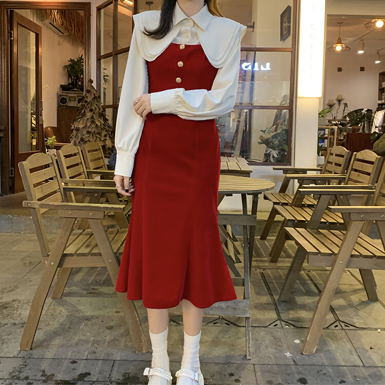 拉夏贝尔homme红色丝绒背带裙女装春秋季2022新款气质修身连衣裙高级