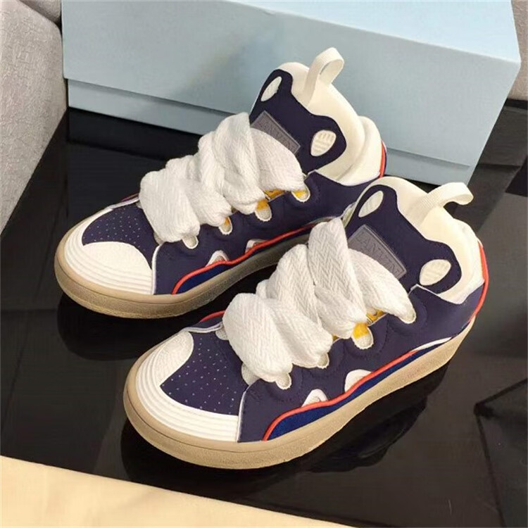 lanvin浪凡鞋泼墨面包男女小白鞋2022春真皮拼色系带情侣运动板鞋 白