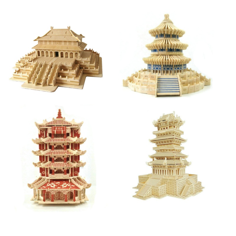 中国有名古建筑斗拱榫卯积木制工拼装立体拼图玩具木质国风房子模型