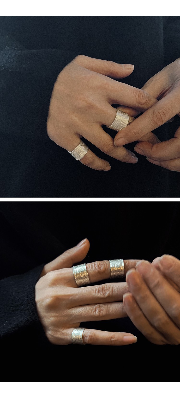 洛华琦无有善见城999足银设计稻草肌理感开口戒指耳夹银色戒指现货