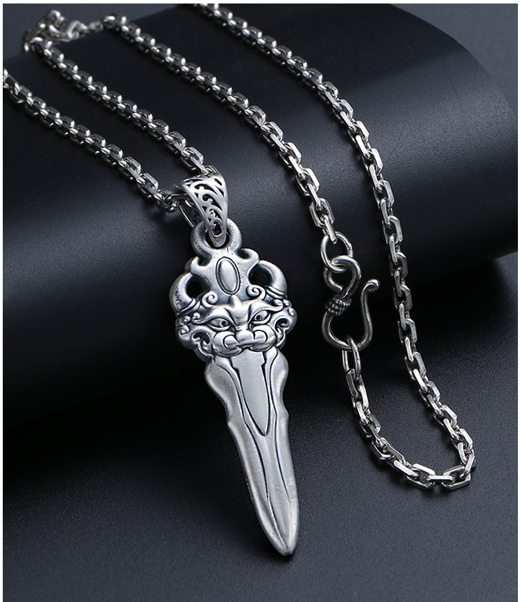 老凤凰款足银s999复古降魔剑吊坠男女款个性转运挂件潮男霸气项链睚眦