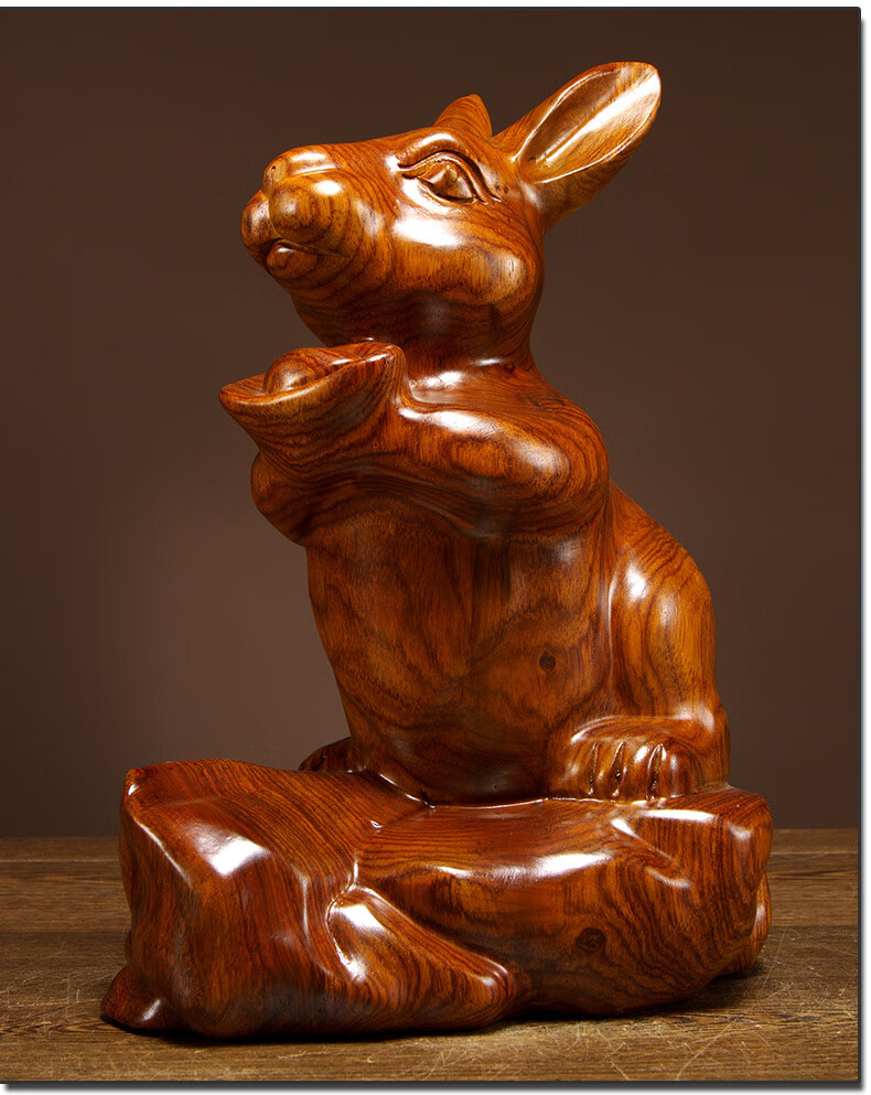 思古黄花梨木雕兔子摆件招财风水生肖兔实木雕刻工艺品客厅玄关装饰