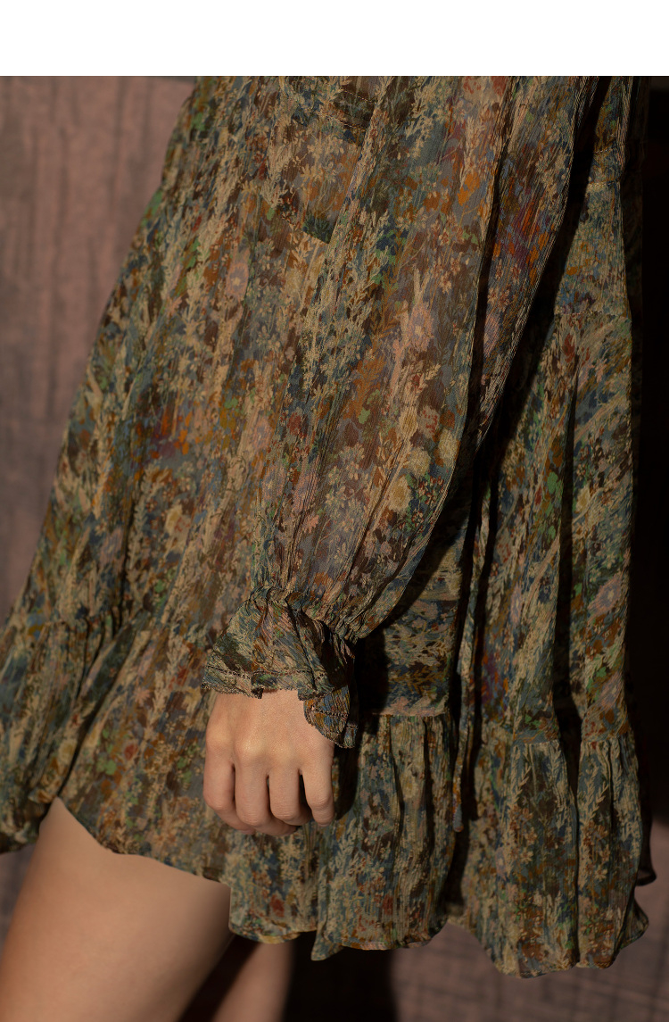 达衣岩复古素雅田园连衣裙2022年春季新品碎花短款灯笼长袖裙夜色蓝m