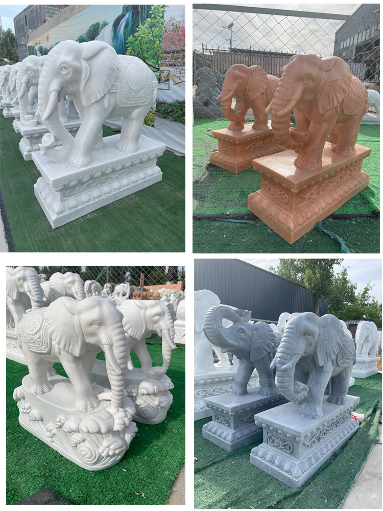 瑶睿优雪石雕大象一对汉白玉小象门墩酒店庭院门口青石晚霞红雕塑摆件