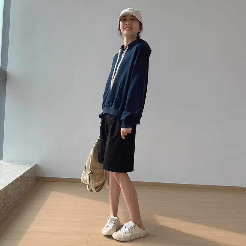 毅翰纯色连帽卫衣女春春秋小个子短款套头设计感半拉链宽松上衣穿搭