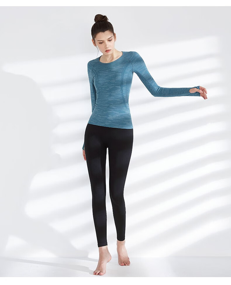 青鸟瑜伽服女一体成型流沙长袖弹力塑形显瘦跑步运动健身t恤幻境蓝s