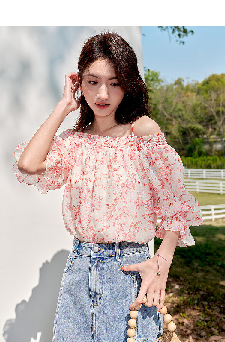 红袖印花雪纺衫夏季2022新款女装打揽灯笼袖两穿上衣红花604m