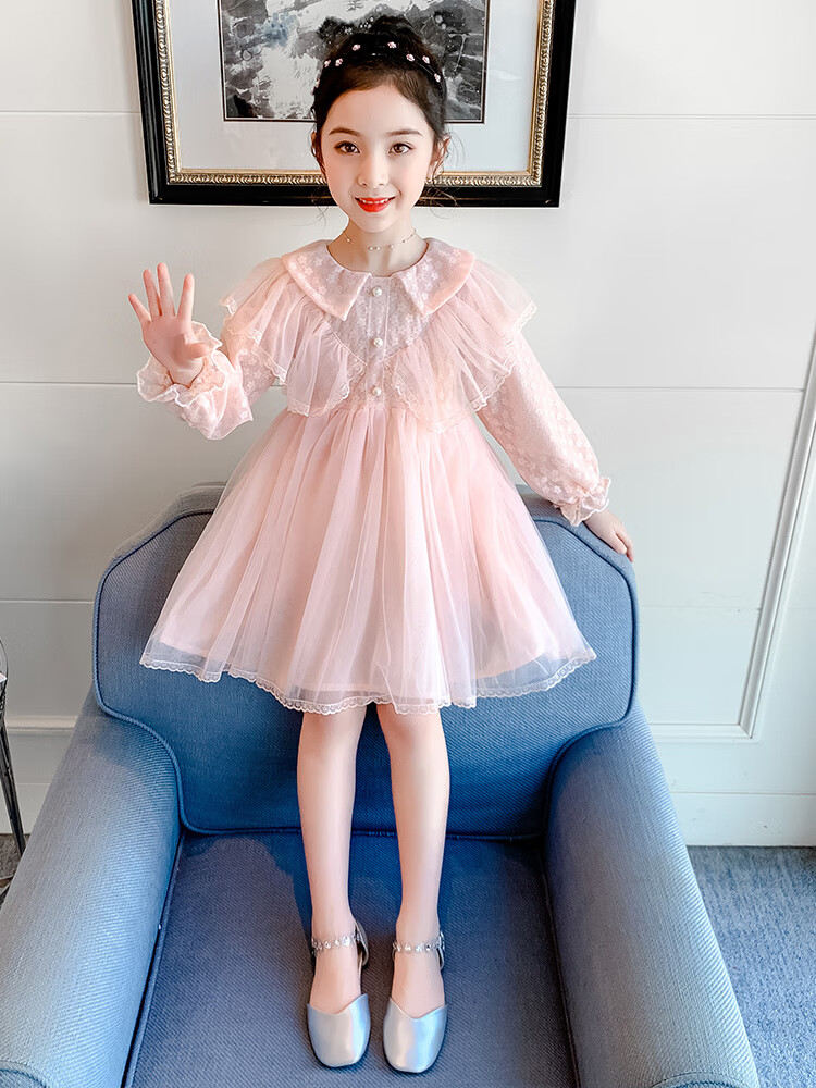 女童连衣裙2021秋韩版新款洋气网纱裙圆领纱裙蕾丝儿童公主裙杏色110