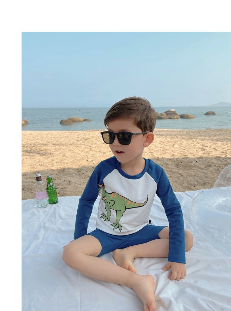 儿童泳衣男童长袖防晒速干连体温泉男宝宝婴儿帅气中小童泳衣连体恐龙