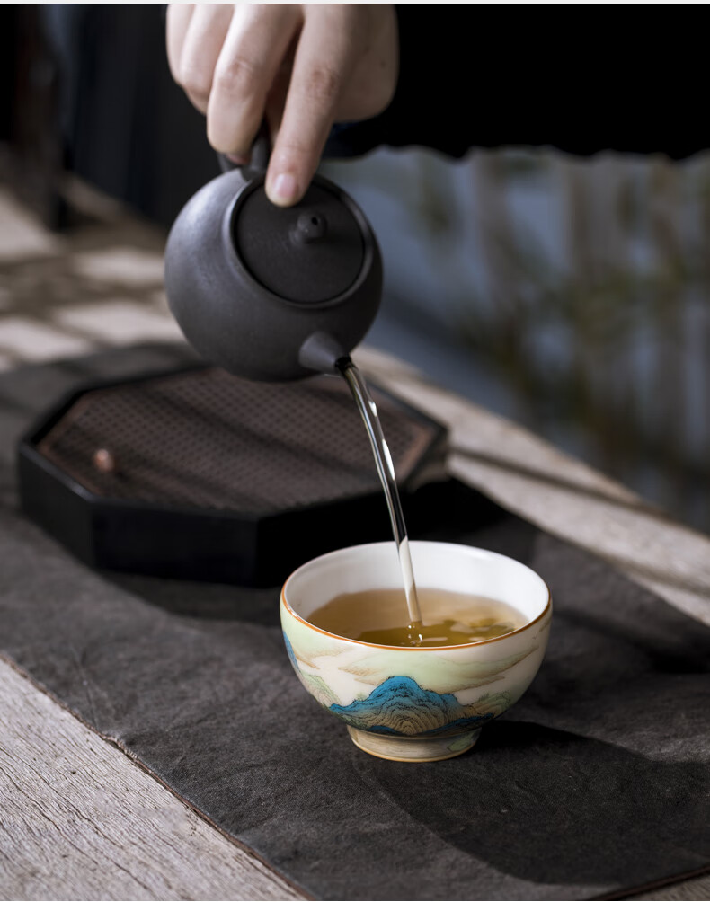 溪陶坊单杯茶杯单个景德镇陶瓷品茗杯手绘山水杯纯手工汝窑主人杯千里
