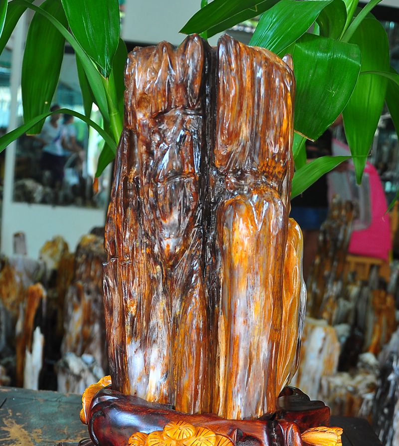 杨氏六喜75公斤三彩精品冰种树化玉办公室玄关装饰摆件奇石观赏石木