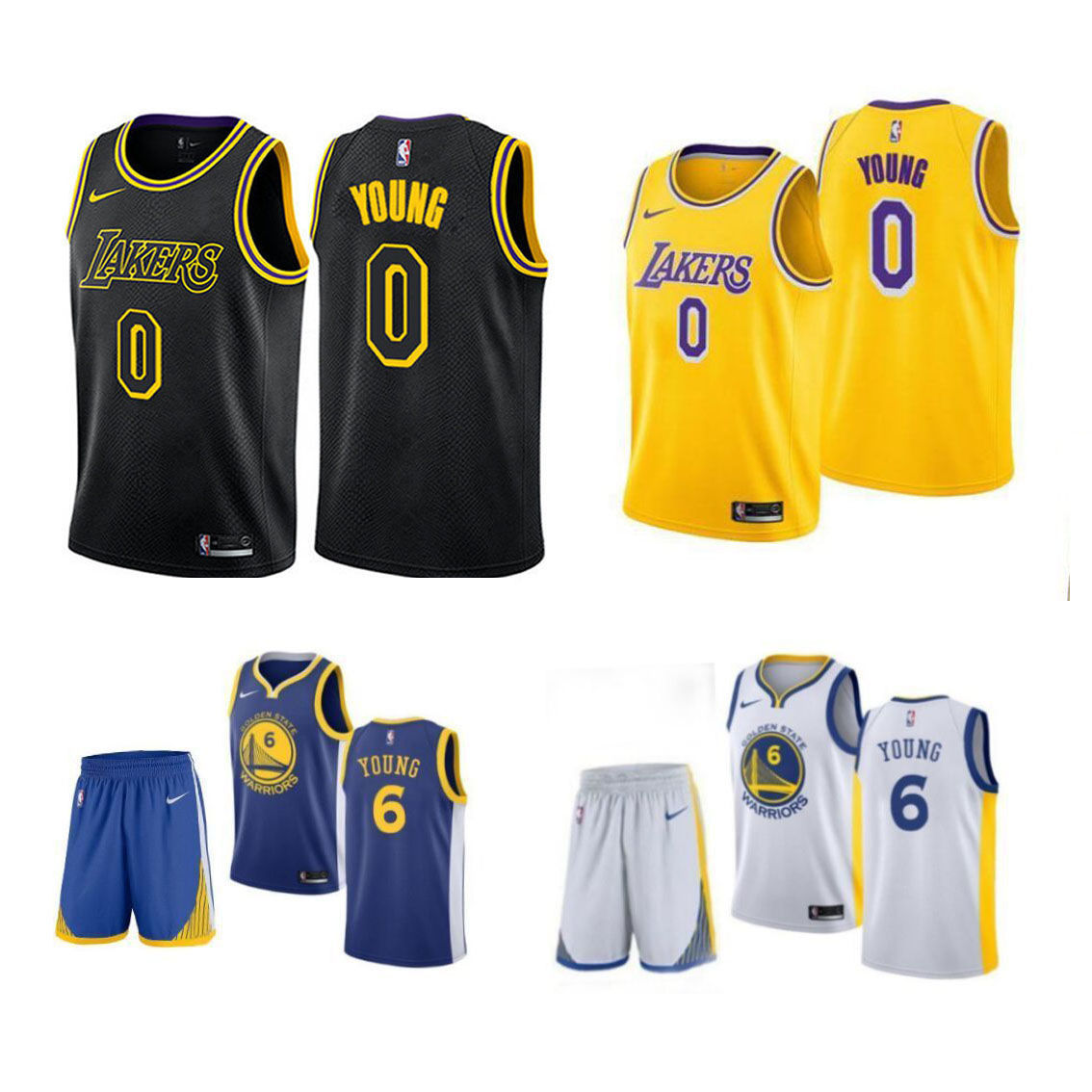 湖人队尼克杨0号球衣套装黑色短袖勇士6号篮球服学生运动比赛定制 v领