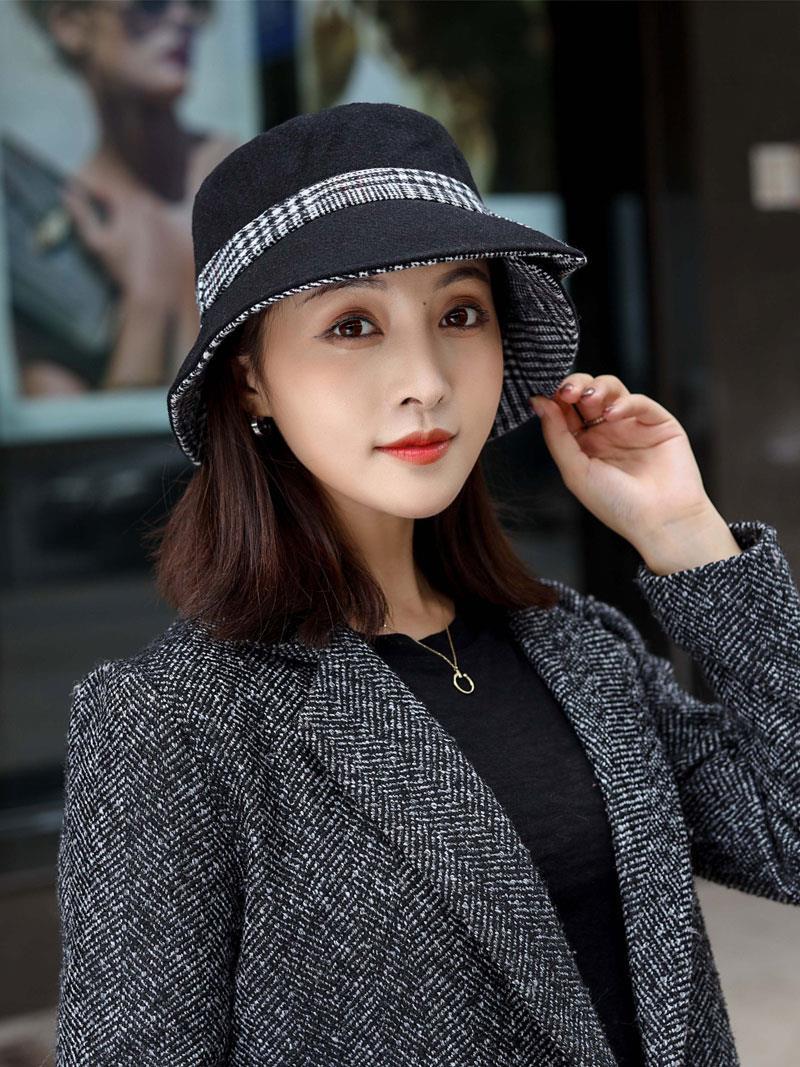 秋冬季卷边盆帽女士羊毛呢渔夫帽时尚百搭气质礼帽妈妈帽洋气帽子黑色