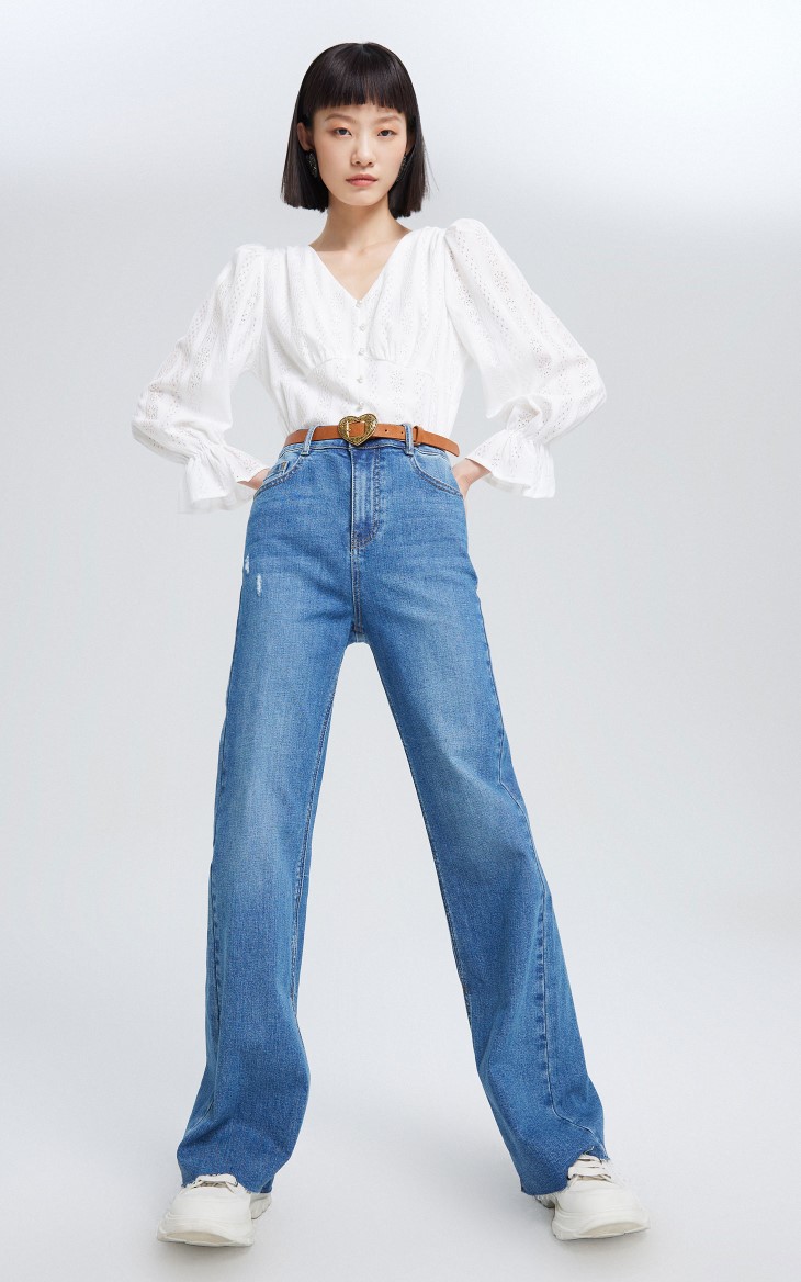 veromoda2022早春新复古高腰可拆腰带微喇牛仔裤子女322132040 j3b