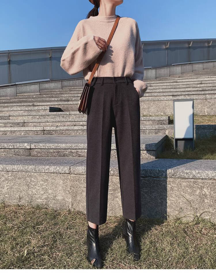 西装裤子女加绒女直筒宽松加厚毛呢矮个子八分裤阔腿西裤秋冬季通勤库