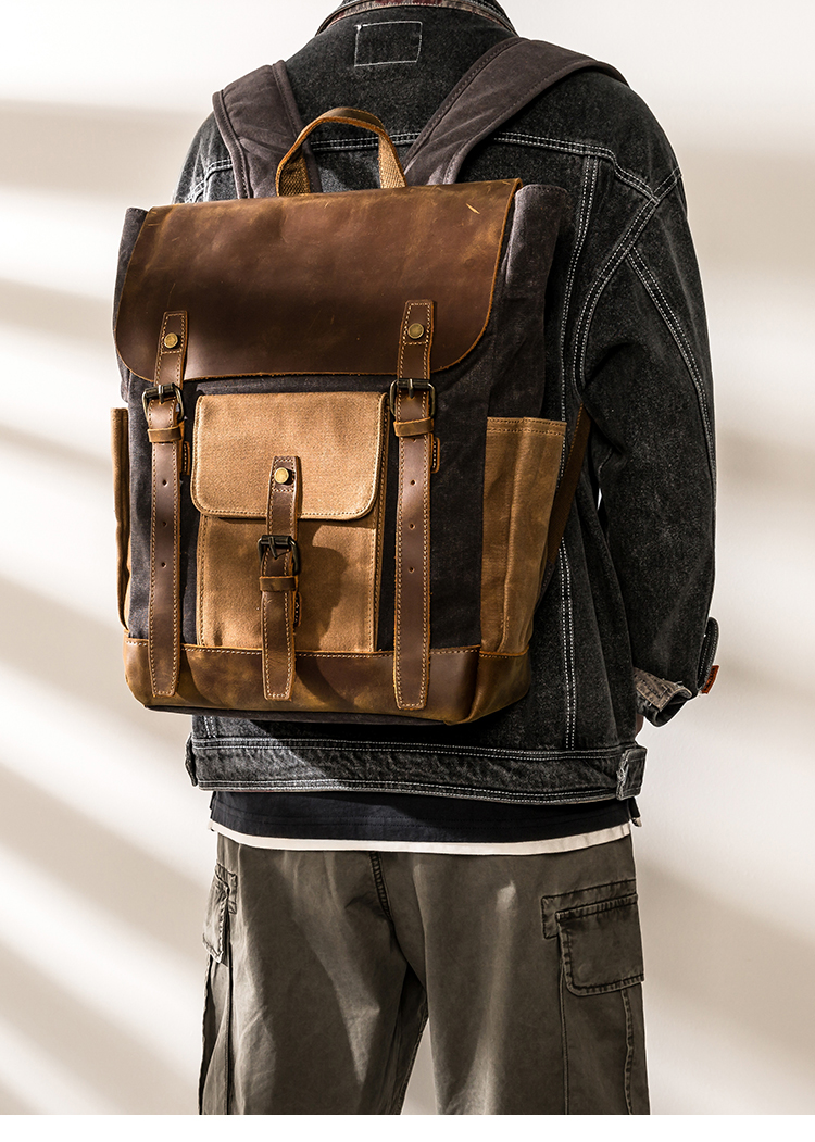 男士双肩包疯马皮大容量个性书包油蜡帆布潮流背包旅行包军绿色帆布配