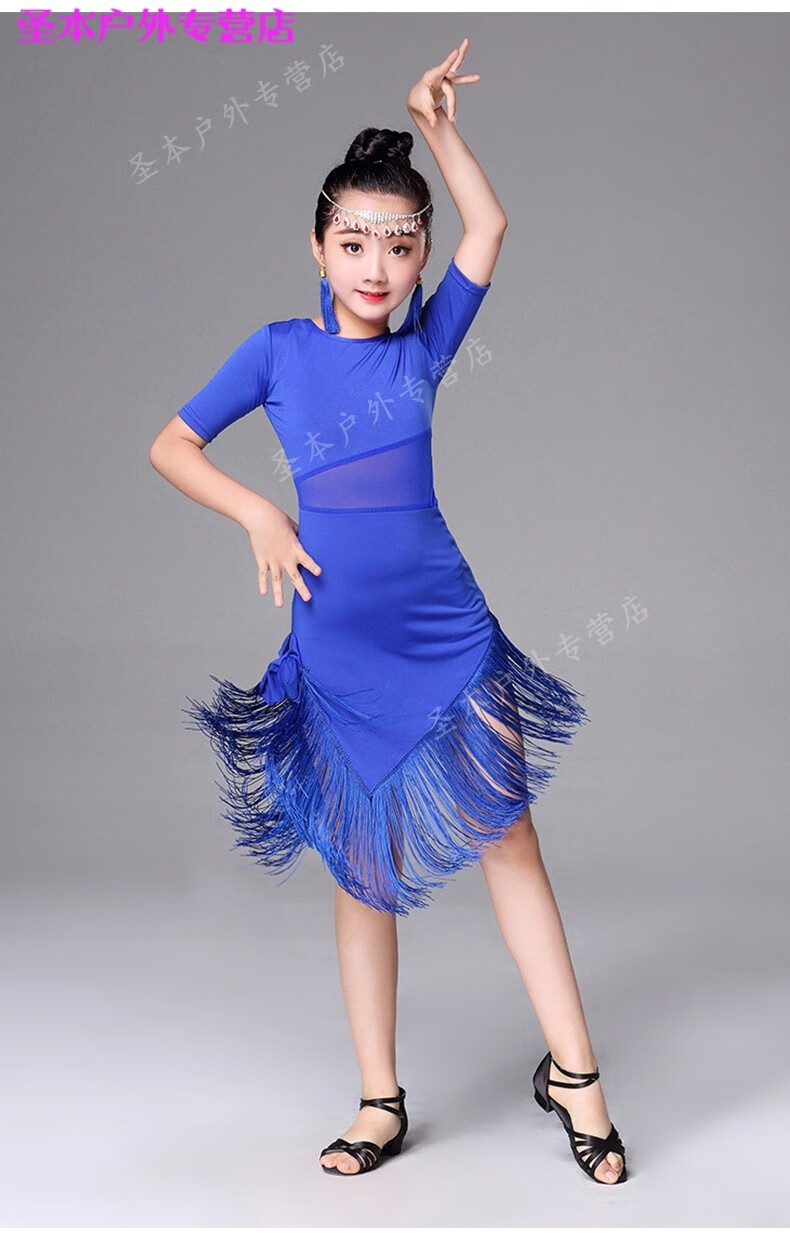 索典 儿童拉丁舞服装少儿比赛演出服网纱流苏连衣裙练功服女拉丁舞不