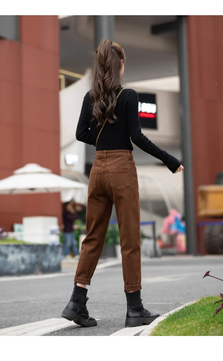 朵世界咖啡色牛仔裤女秋冬2021年新款加绒加厚洋气直筒老爹裤显瘦休闲