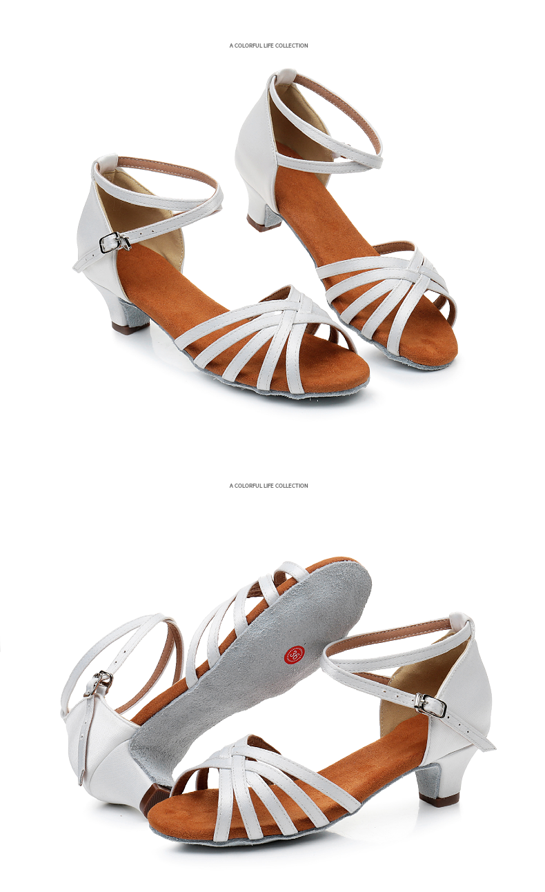 kulla白色拉丁舞鞋小高跟女孩儿童软底练功鞋少儿小高跟国标舞鞋白色