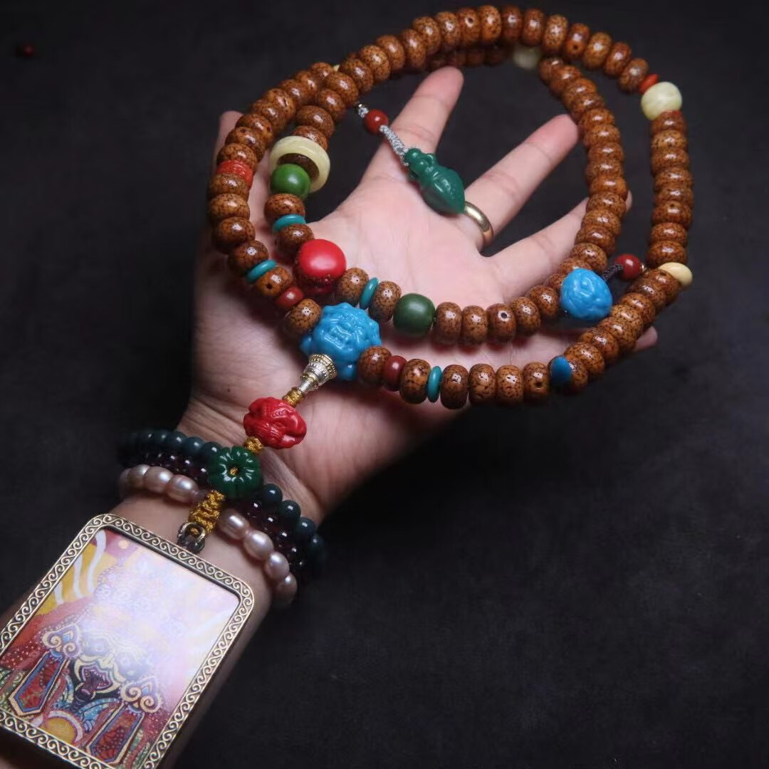 儒香阁雪巴琉璃 背云侧挂隔珠 藏式料器菩提 手串108长串diy配饰 蓝色