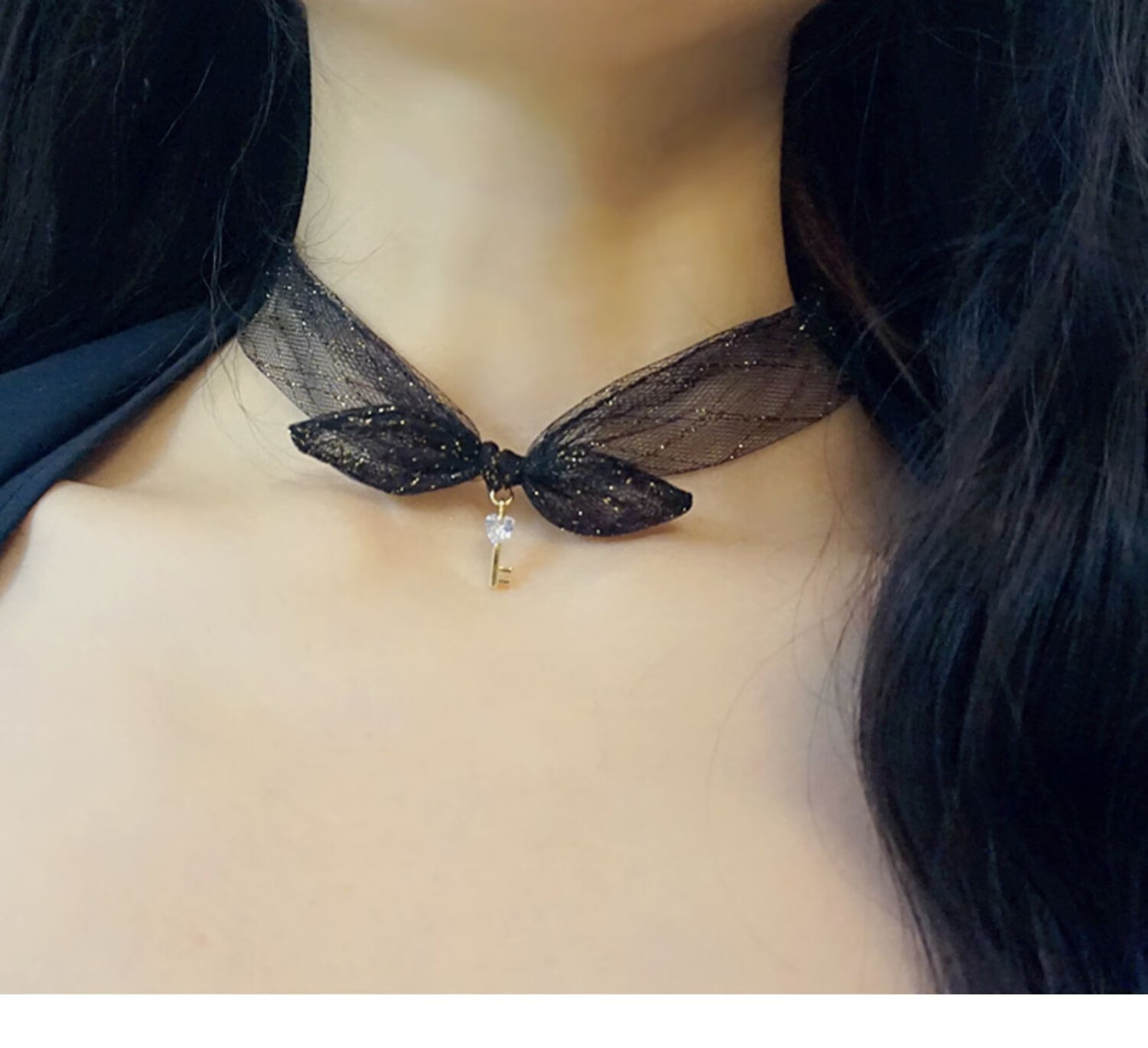 全意琳韩国脖子装饰项链项圈女颈带蝴蝶结蕾丝锁骨链仙脖颈链黑色周长