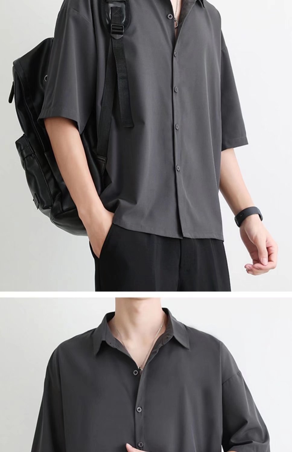 痞帅冰丝衬衫男短袖免烫夏季休闲新款纯色百搭感宽松半袖中袖衬衣青年