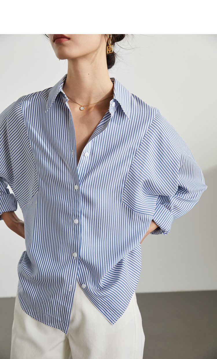 初棉蓝色条纹衬衫女宽松显瘦春季醋酸莫代尔叠穿衬衣设计感小众蓝白条